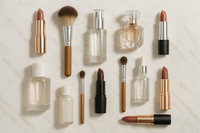 A flat lay of beauty products including lipsticks, makeup brushes, skincare bottles, and perfumes arranged on a clean vanity table with soft lighting. Realistic photo style.